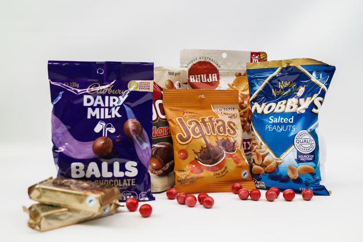 Chocolates, salted peanuts, beer mix crackers